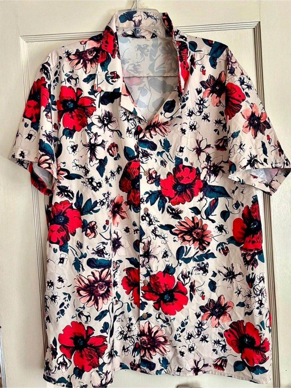 Floral Button Down Shirt in White & Red Like New
